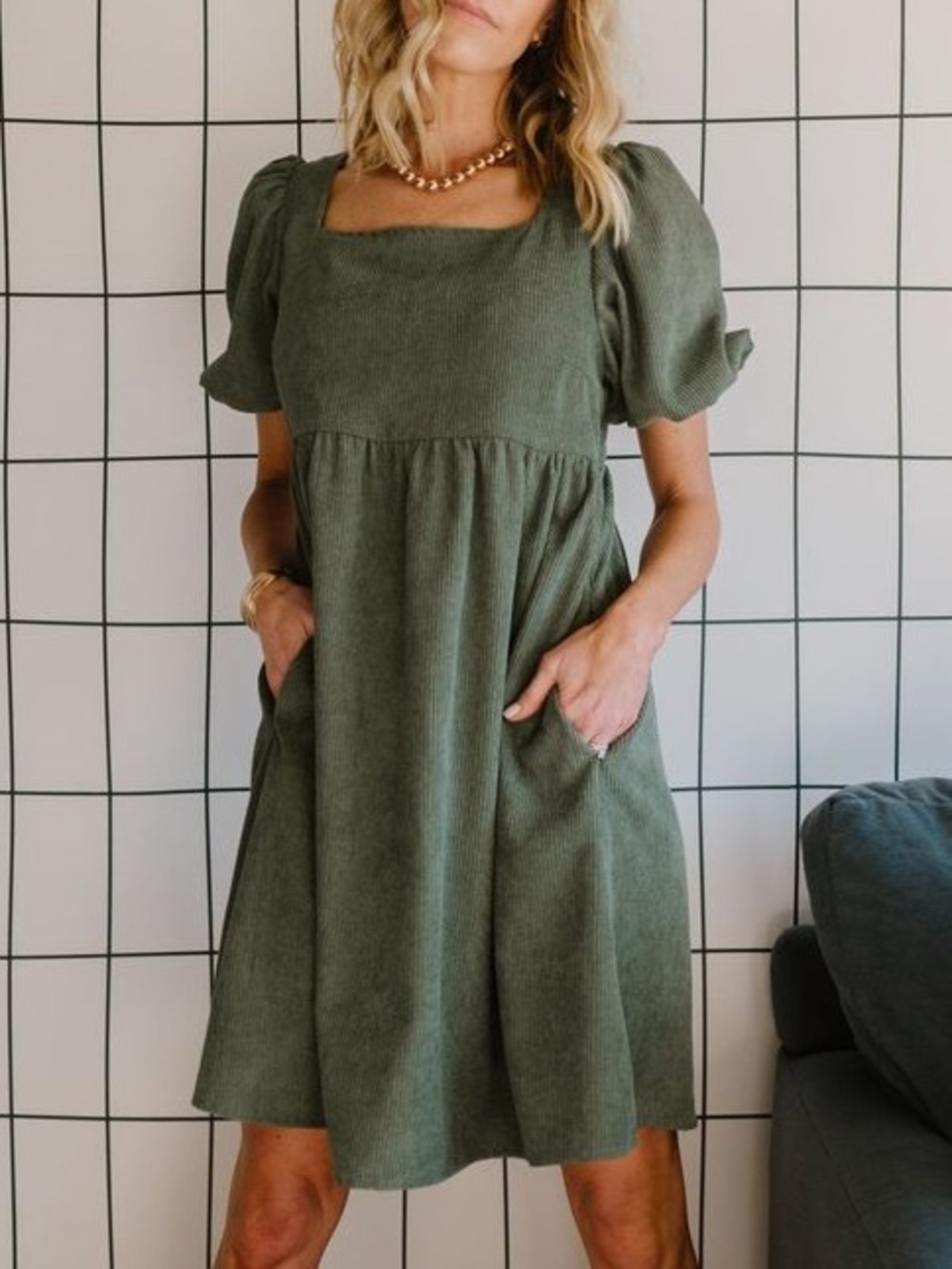 Baltic Born Olive Square Neck Puff Sleeve Dress